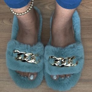 Women's Fuzzy Teal Slippers with Gold Chain